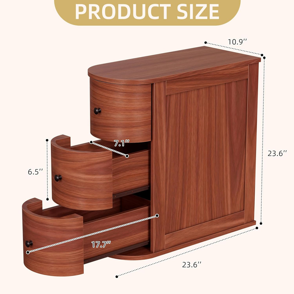 Shintenchi Narrow End Table with 3 Drawers, Vintage Solid Wood Side Table with Storage, Thin Bedside Skinny Night Stand, Slim Nightstand, Small Side Couch Sofa Table for Living Room, Bedroom, Walnut