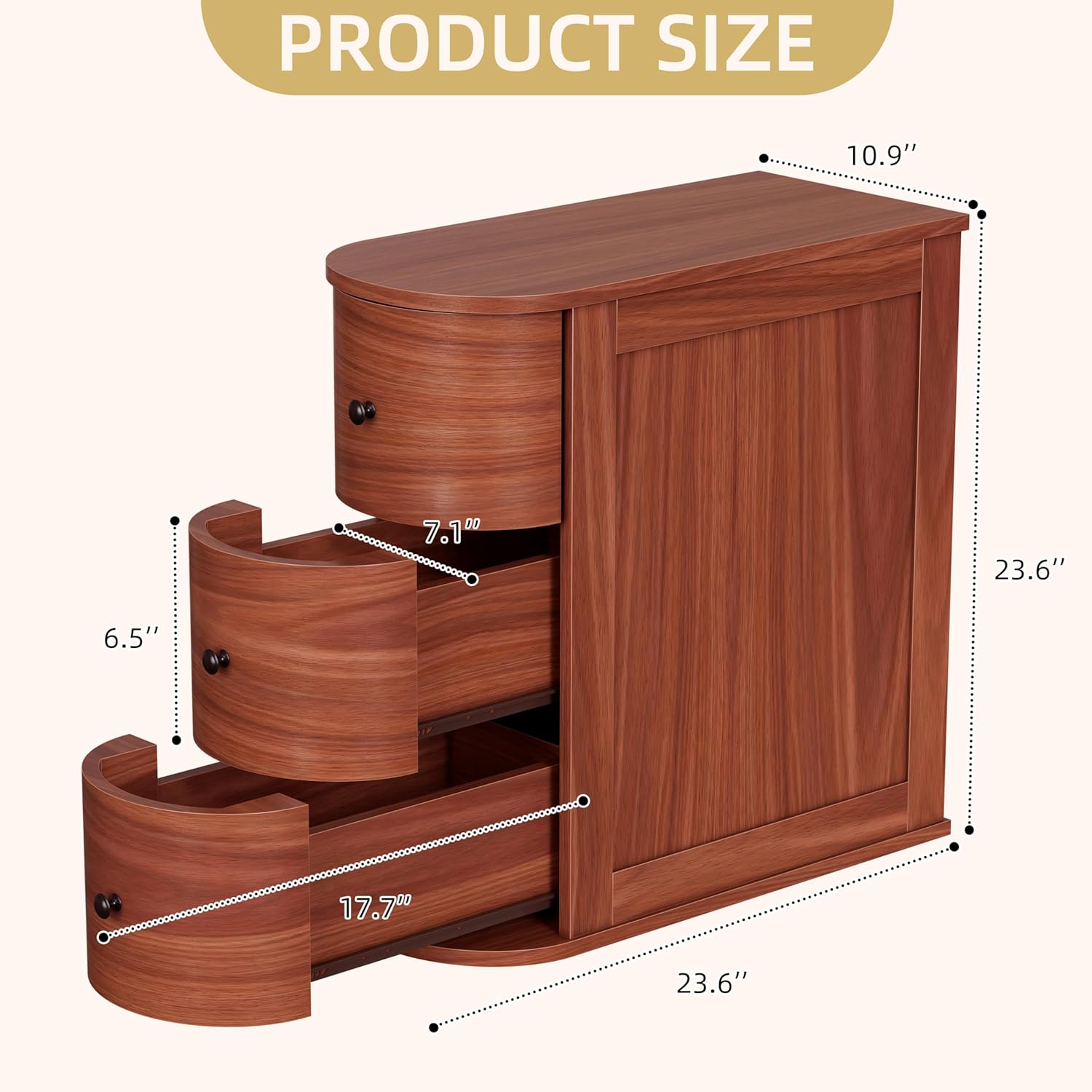 Shintenchi Narrow End Table with 3 Drawers, Vintage Solid Wood Side Table with Storage, Thin Bedside Skinny Night Stand, Slim Nightstand, Small Side Couch Sofa Table for Living Room, Bedroom, Walnut
