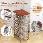 5-Tier Rolling Fruit & Vegetable Storage Cart with Drawers, Extra-Thick Metal Kitchen Organizer Cart on Wheels, Fruit Basket Stand& Fruteros para Cocina, Narrow Pantry Cart for Storage