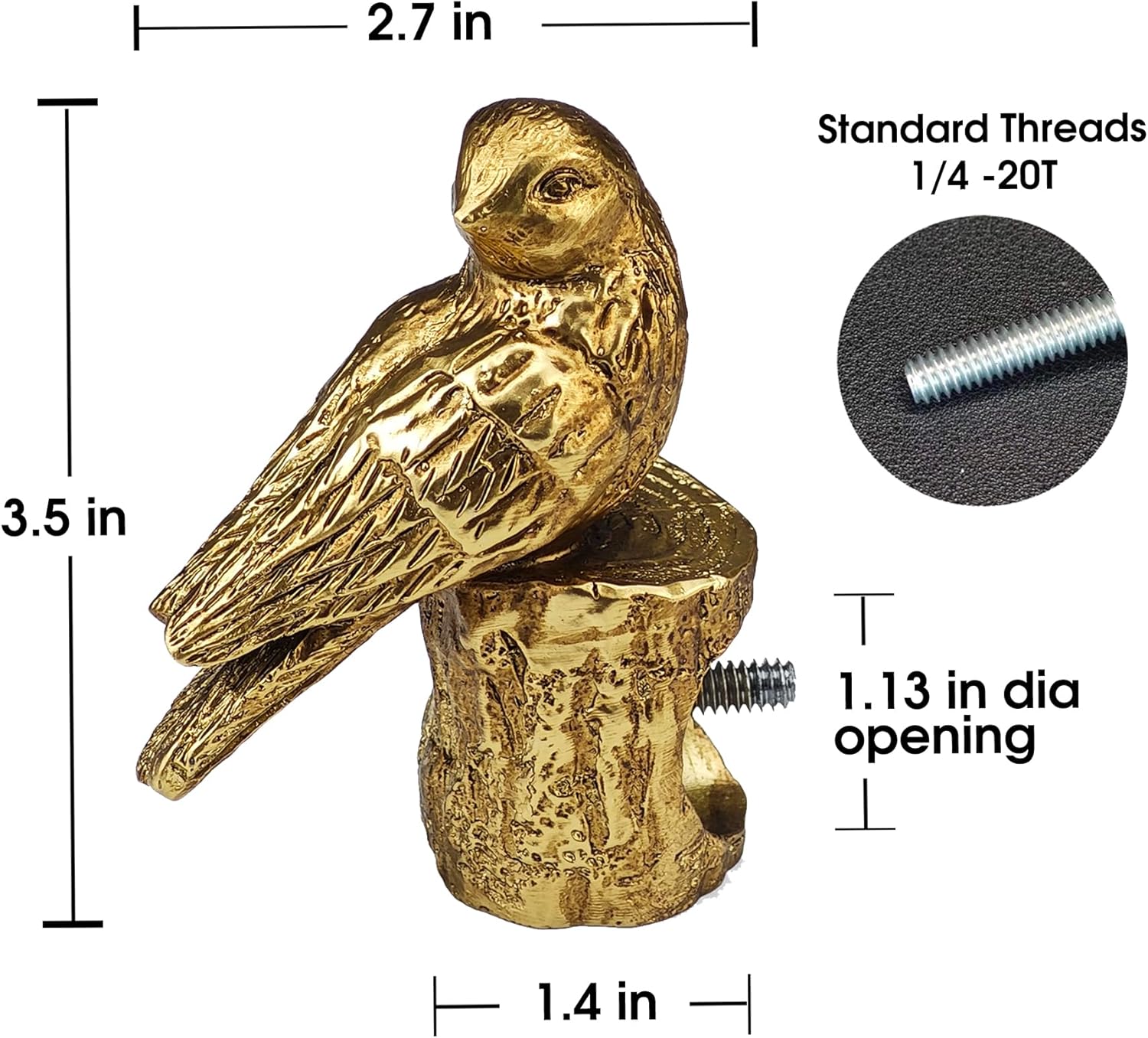 Decorative Curtain Rod Finials, Pretty Polyresin Gold Bird Finials, Set of 2, Compatible with 1 inch or 1-1/8 inch Dia Curtain Rod, Standalone Finial Pair