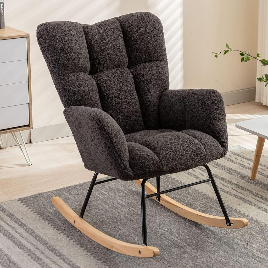 Modern Nursery Rocking Chair, Upholstered Glider Chair with High Backrest, Rocker Accent Armchair with Solid Wood Legs for Nursery Bedroom Living Room (Dark Grey Teddy)
