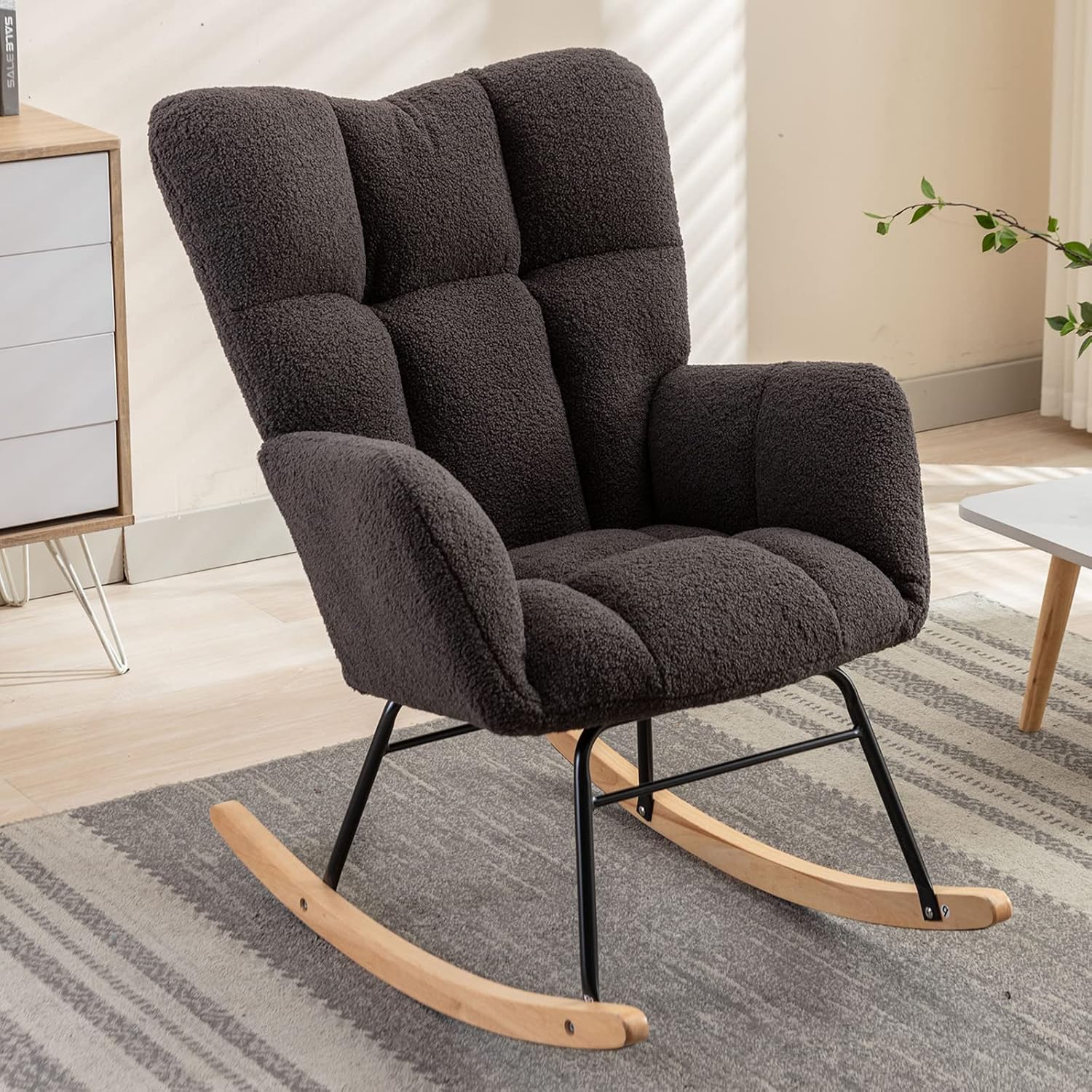 Modern Nursery Rocking Chair, Upholstered Glider Chair with High Backrest, Rocker Accent Armchair with Solid Wood Legs for Nursery Bedroom Living Room (Dark Grey Teddy)