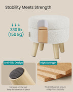 SONGMICS Storage Ottoman, Foot Stool, Round Ottoman with Padded Seat, Foot Rest with Wood Legs, Small Table, for Hallway, Living Room, 12.2 Inches, Teddy Fleece, White ULOM515WD01