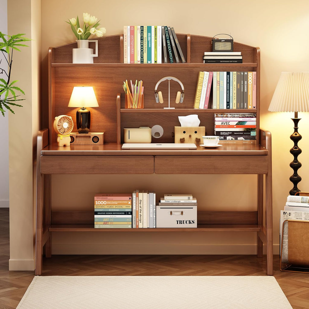 Kid's Desk Kid's Table with Drawers and Bookshelf Wooden Kid's Media Desk Student Learning Computer Workstation and Writing Desk （Brown）