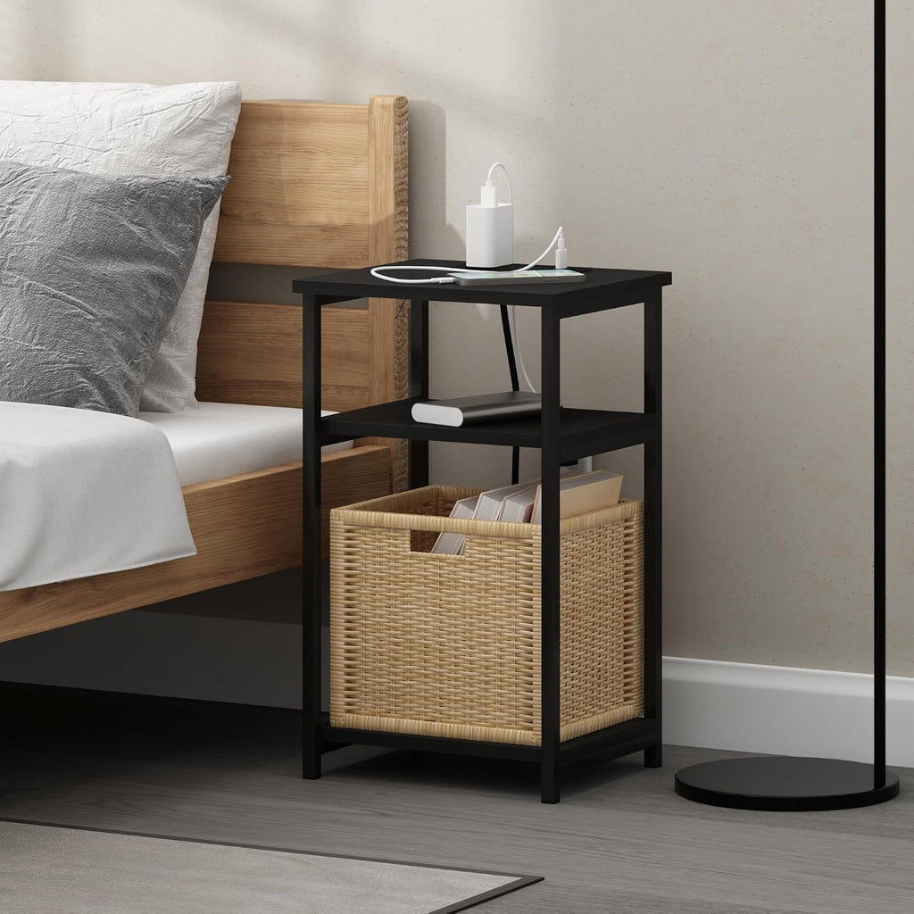 Furinno Moretti 3-Tier Black End Table with Charging Station, Metal Frame Side Table with USB and Type-C Charging Port, Night Stand, Bedside Table for Living Room, Bedroom, Dark Americano