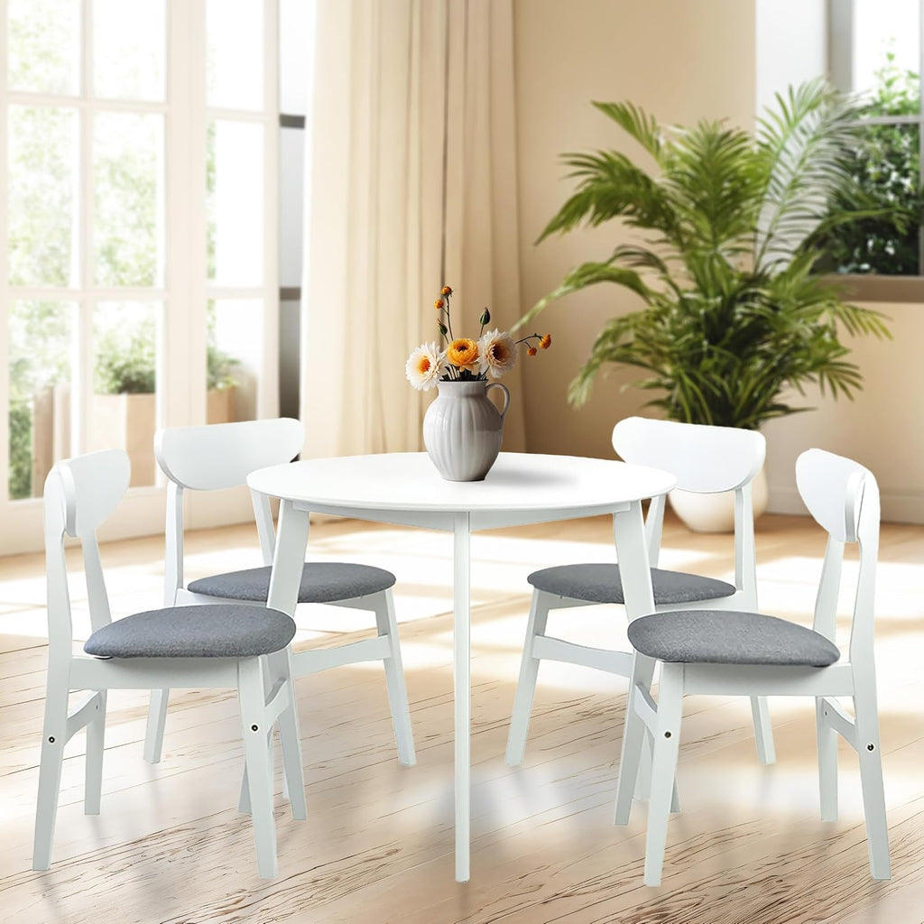 Set of 5 Dining Kitchen Round Table and 4 Yumiko Side Chairs Solid Wood w/Padded Seat, White Color