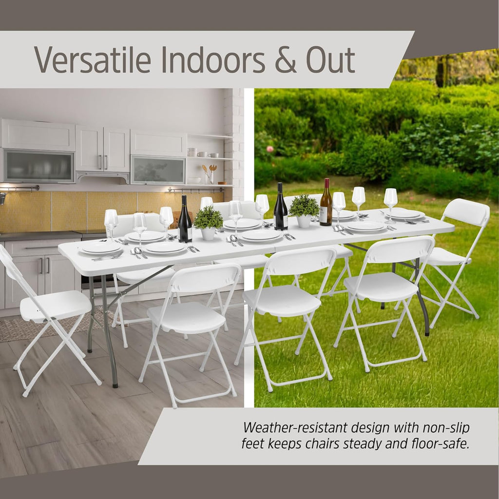 EconoHome 10 Pack White Plastic Folding Chairs, Heavy-Duty Steel Frame, Portable Stackable Foldable Chairs with Non-Slip Feet – Commercial Indoor/Outdoor Seating for Events, Weddings, Office, Parties