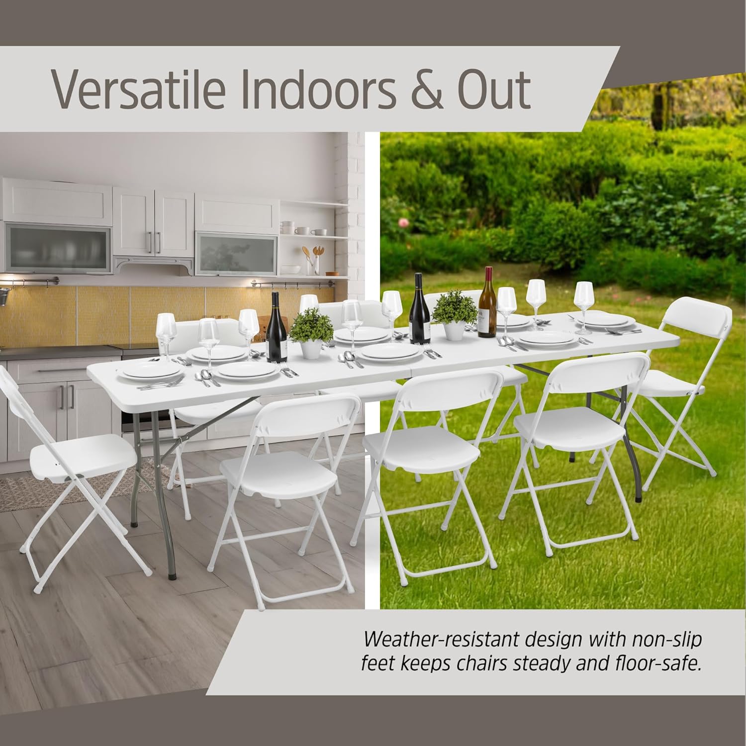 EconoHome 10 Pack White Plastic Folding Chairs, Heavy-Duty Steel Frame, Portable Stackable Foldable Chairs with Non-Slip Feet – Commercial Indoor/Outdoor Seating for Events, Weddings, Office, Parties