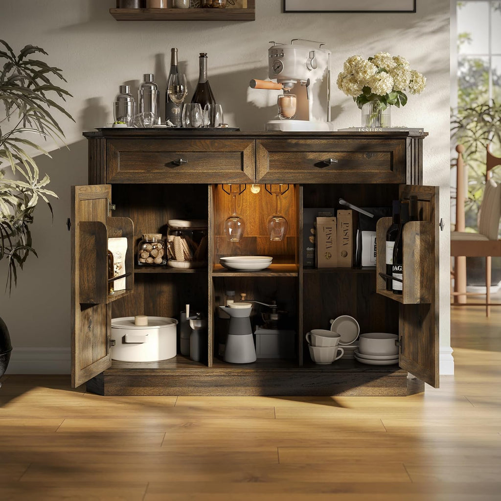 47" Wine Bar Cabinet with LED Light & Power Outlets, 2 Door Coffee Bar Cabinet with 2 Drawers, Sideboard Buffet Cabinet with Storage, Liquor Cabinet for Home Bar, Kitchen Living Room, Walnut Brown