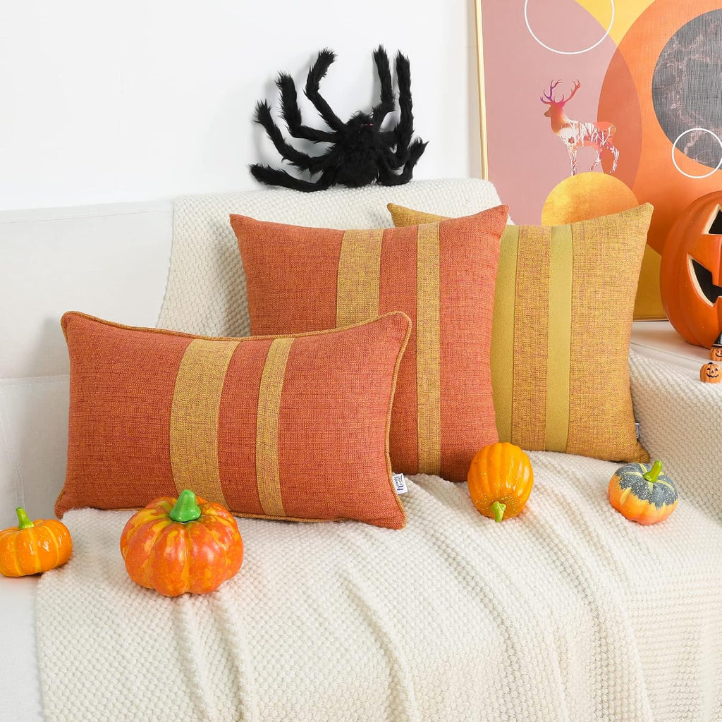 Pack of 2 Patchwork Orange Yellow Pillow Covers Linen Striped Pattern Farmhouse Cushion Covers Spooky Decorative Faux Leather Pillow Cases for Couch Sofa Bedroom Living Room 18x18 Inch