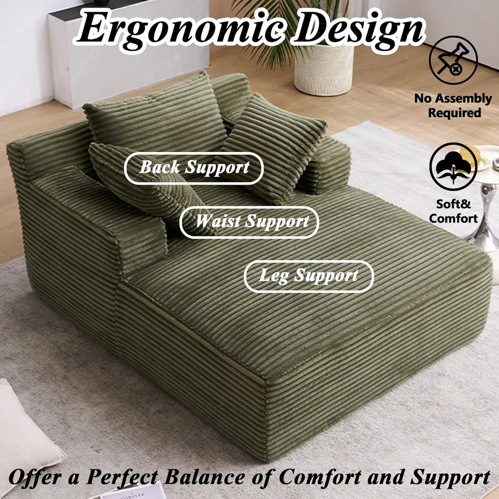 HRVEOCEI 67" Chaise Lounge Indoor, Oversized Chaise Lounge Chair with 3 Comfy Pillows for Living Room Bedroom, Wide Arms Corduroy Fabric High-Density Foam No Assembly Required (Sage Green)