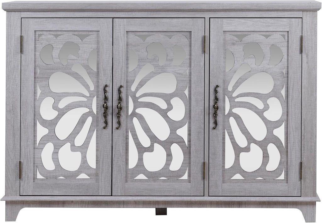 GDFStudio 49" Modern Buffet Sideboard Cabinet, Storage Cabinet with 3 Acrylic Mirrored Doors, Freestanding Credenza Buffet for Living Room Dining Room Kitchen, Large Countertop Coffee Bar, Light Gray