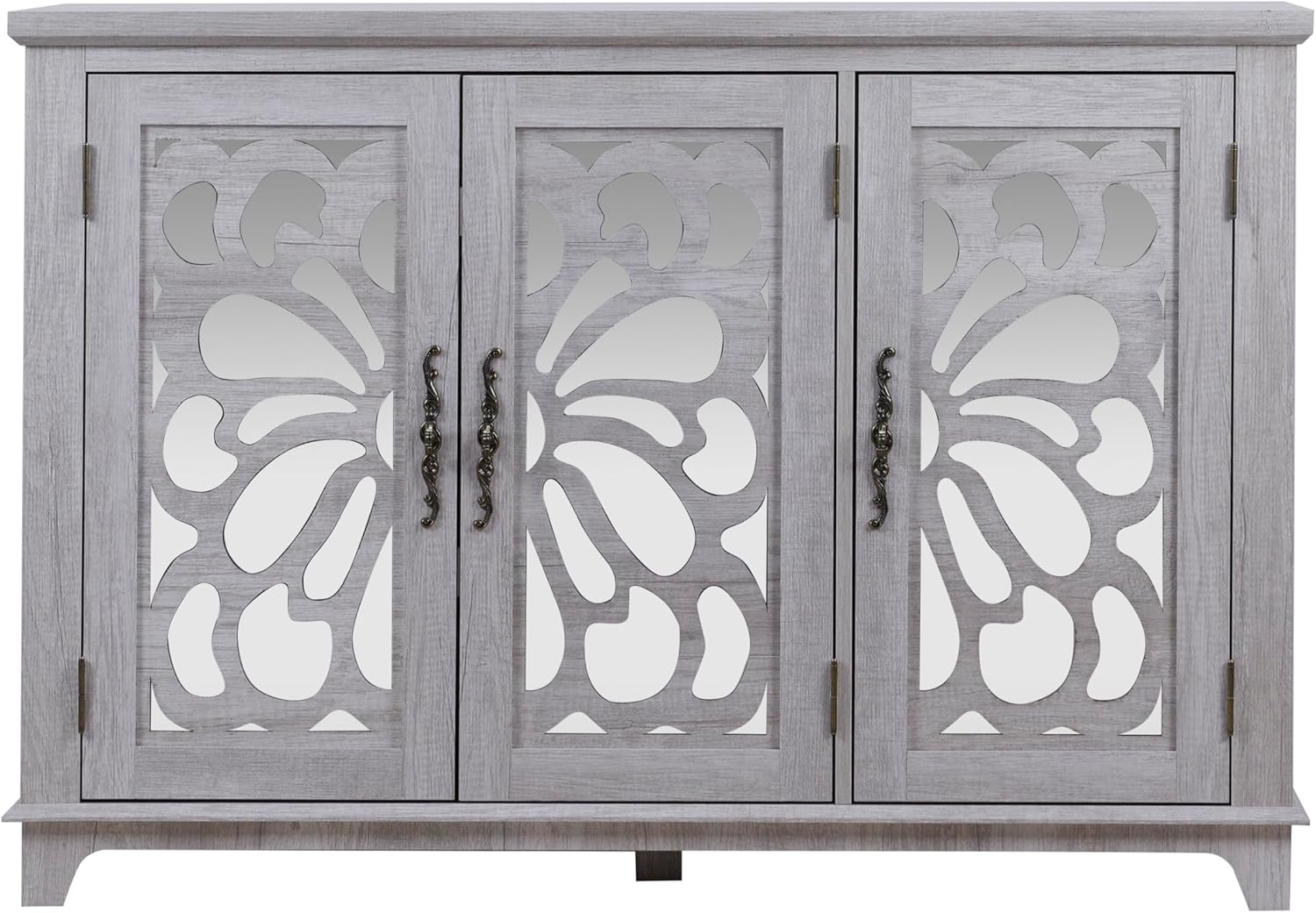 GDFStudio 49" Modern Buffet Sideboard Cabinet, Storage Cabinet with 3 Acrylic Mirrored Doors, Freestanding Credenza Buffet for Living Room Dining Room Kitchen, Large Countertop Coffee Bar, Light Gray