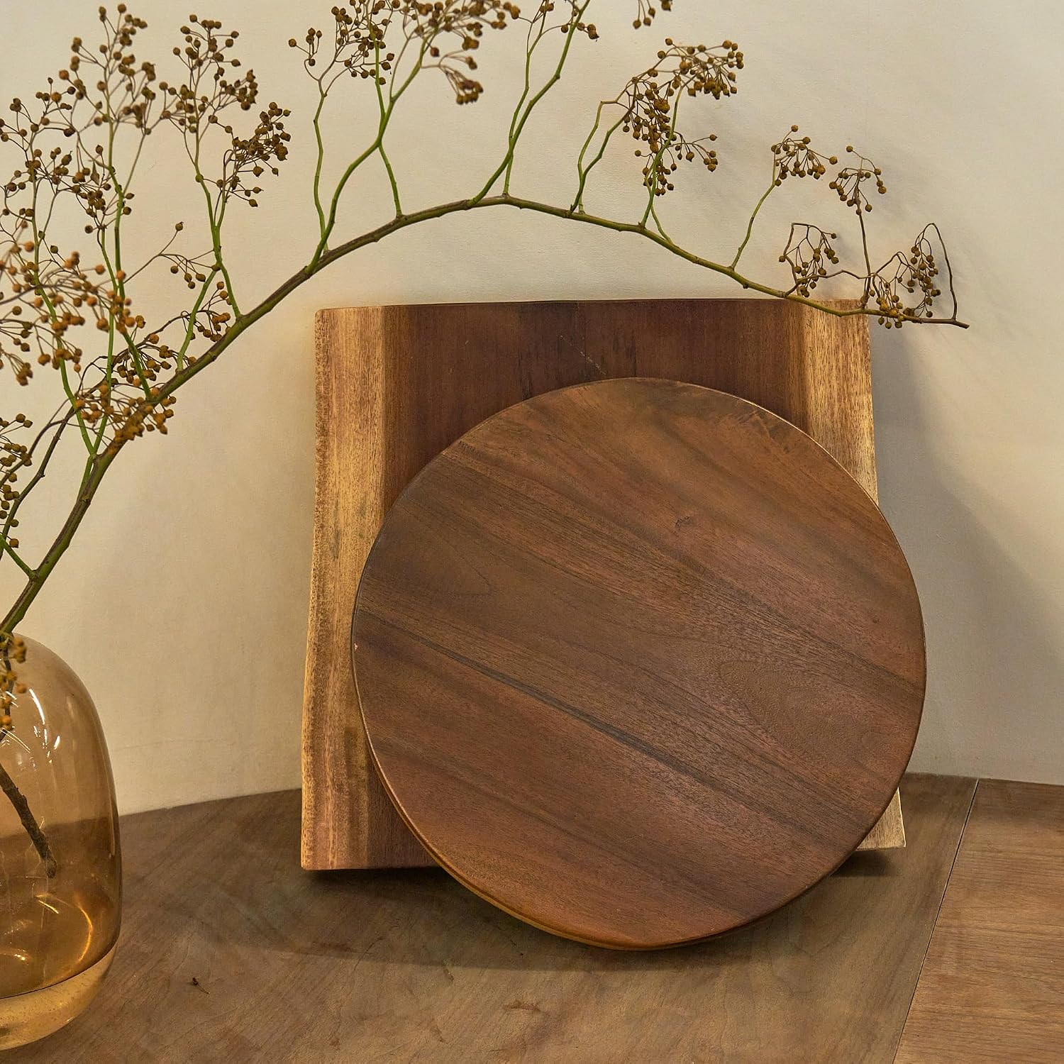 Round Teak Slice Slab Side Wood Table Top 17.7"x17.7"x1.96" Handmade Live Edge Handcrafted Plate Natural Solid Wooden Board for DIY Epoxy Resin End Table Slab Untreated Wall Home Décor