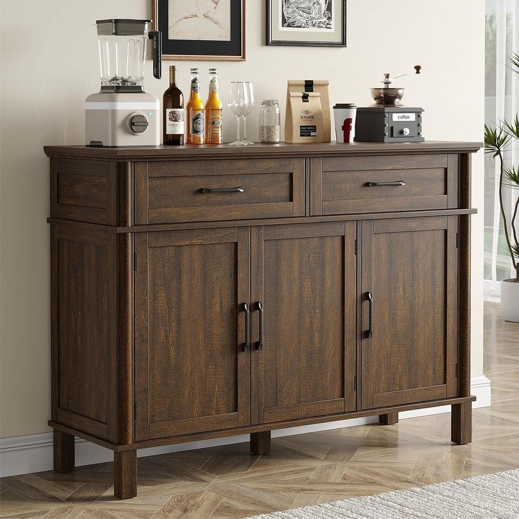48 Inch Sideboard Buffet Cabinet with Storage, Farmhouse Coffee Bar Cabinet with 4 Drawers, Adjustable Shelves, Wood Sideboard Credenza for Kitchen, Living Room, Entryway, Brown