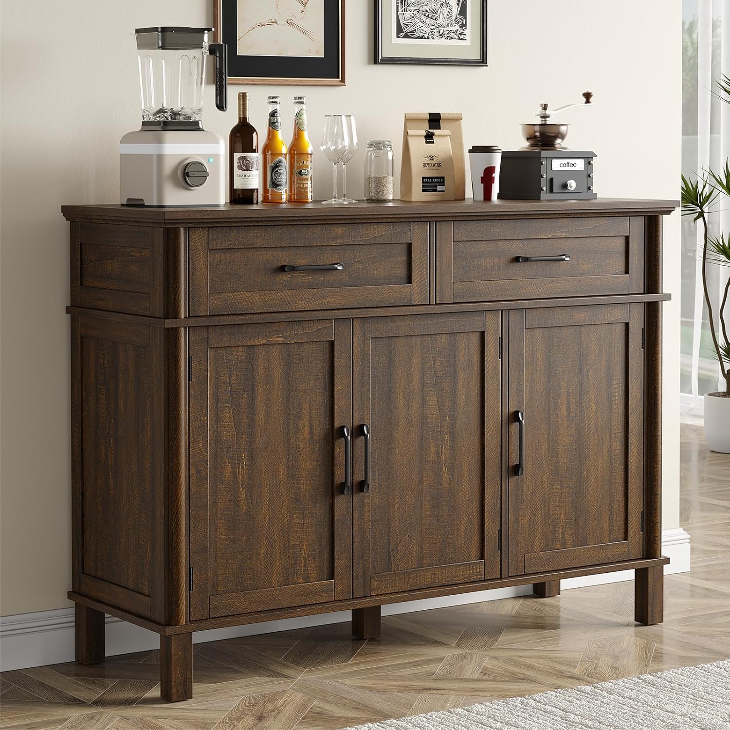 48 Inch Sideboard Buffet Cabinet with Storage, Farmhouse Coffee Bar Cabinet with 4 Drawers, Adjustable Shelves, Wood Sideboard Credenza for Kitchen, Living Room, Entryway, Brown