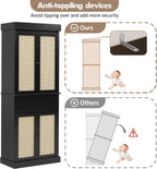69'' Tall Pantry Cabinet - 4 Rattan Doors, Drawer, and 2 Adjustable Shelves - Freestanding Storage Cupboard for Entryway, Kitchen, Dining Room, Bathroom, or Office,Black