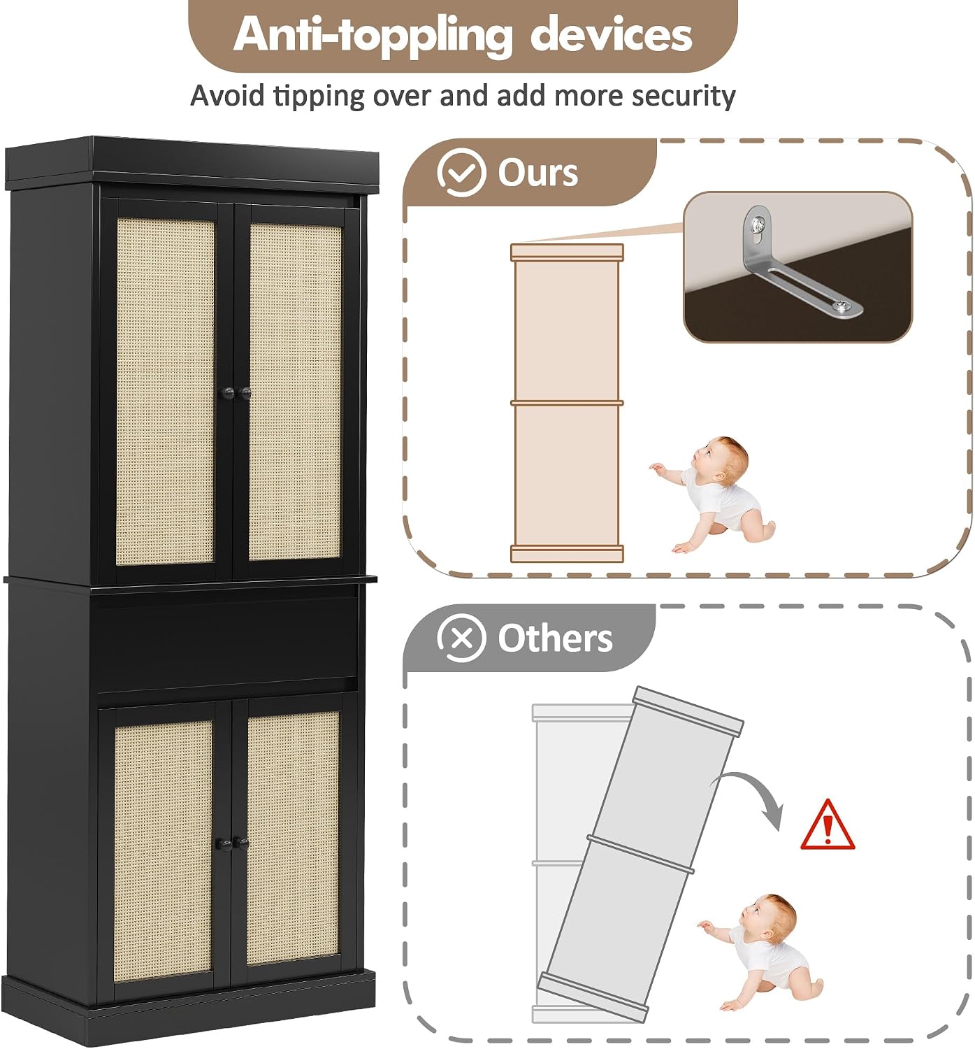 CABIHOME 69" Kitchen Pantry Storage Cabinet, Rattan Kitchen Pantry Cabinet with Drawer, 4 Doors ＆ Adjustable Shelves, Modern Freestanding Cupboard for Bathroom, Laundry, Dining Room, Black