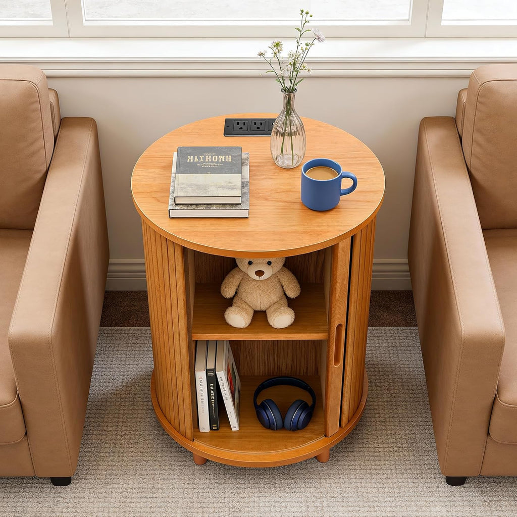 DHH Round End Table with Storage & Charging Station, Fluted Accent Side Table with Sliding Door & Adjustable Shelf, Mid-Century Nightstand for Small Spaces, Living Room, Bedroom (1, Yellow Walnut)