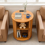 DHH Round End Table with Storage & Charging Station, Fluted Accent Side Table with Sliding Door & Adjustable Shelf, Mid-Century Nightstand for Small Spaces, Living Room, Bedroom (1, Yellow Walnut)