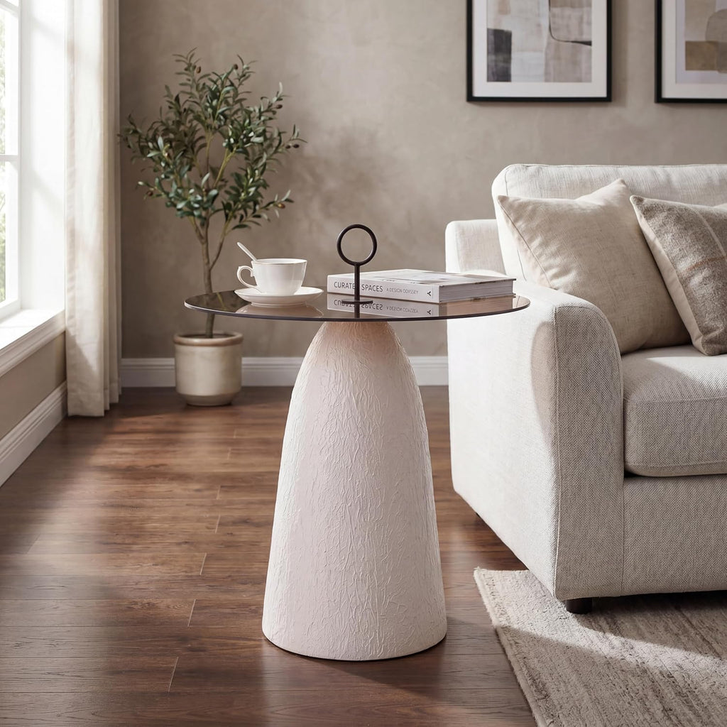 Christopher Knight Home Bruce Modern Coffee Table, Round Side Table with Glass Top and Metal Base, Living Room Sofa End Table, Brown+White