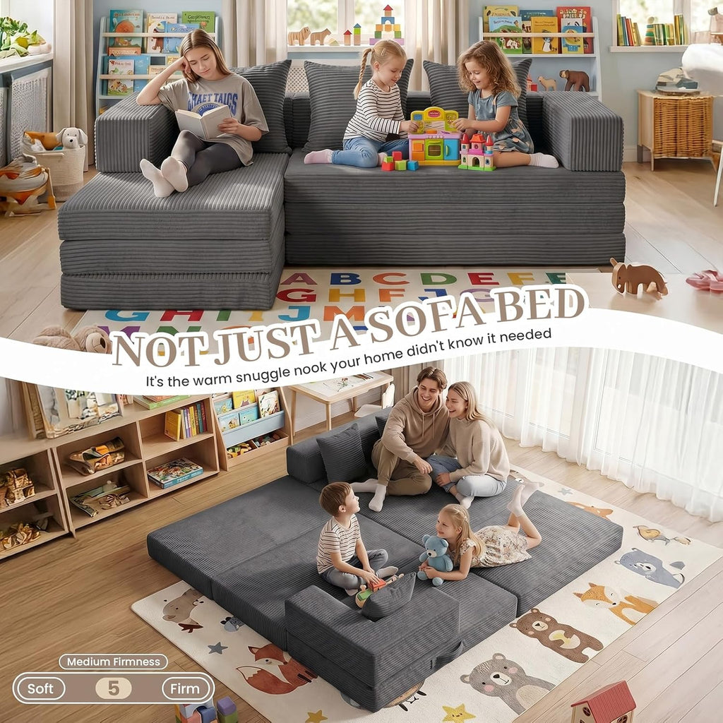 Modular Floor Sofa, 4-in-1 Convertible L-Shaped Sectional Couch, Waffle Texture Foldable Futon Mattress Daybed, No Assembly 1800lbs Heavy Duty Sleeper Sofa for Living Room, Dorm