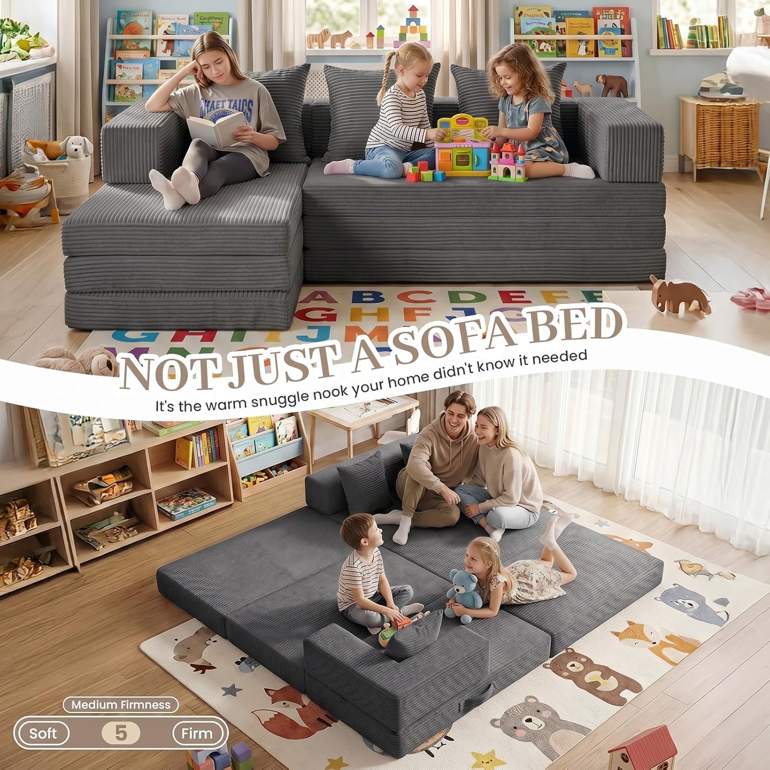 Modular Floor Sofa, 4-in-1 Convertible L-Shaped Sectional Couch, Waffle Texture Foldable Futon Mattress Daybed, No Assembly 1800lbs Heavy Duty Sleeper Sofa for Living Room, Dorm