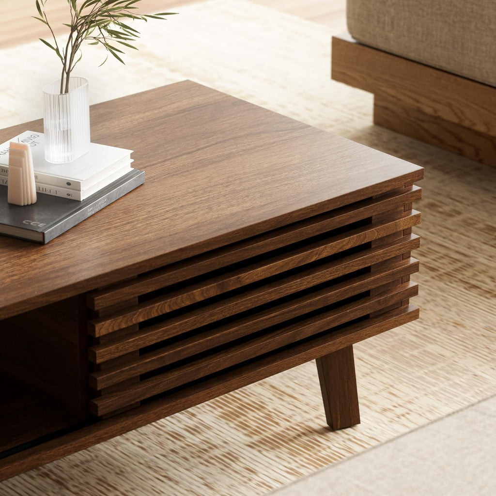 Furniway Living Room Table Sets of 2, Mid Century Coffee Table and TV Stand, Wood Coffee Table with Storage, Modern TV Stand for Bedroom, Living Room, Walnut