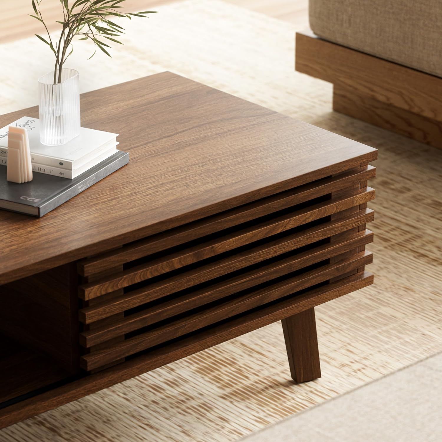 Furniway Living Room Table Sets of 2, Mid Century Coffee Table and TV Stand, Wood Coffee Table with Storage, Modern TV Stand for Bedroom, Living Room, Walnut