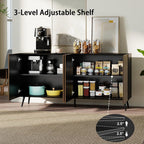 Sideboard Buffet Cabinet with Storage: 63" Black and Oak Mid Century Modern Credenza with 4 Doors, Large Fluted Sideboard Accent Cabinet for Living Room
