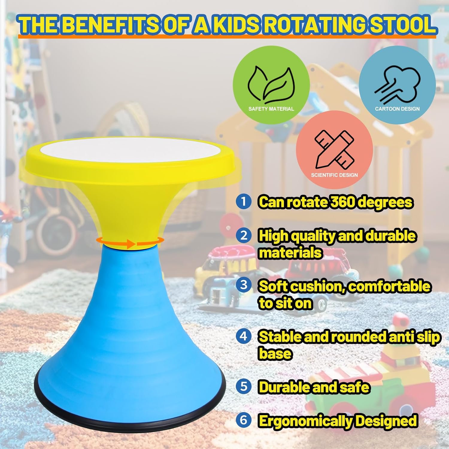 AOBOTE Kids Wobble Swivel Stool, 15.7" Height Wiggle Stool for Ages 6+, 360° Rotatable Active Learning Chair, Flexible Seating for Classroom & Home, Improves Posture & Focus, Blue