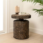 JONATHAN Y Marisol Round Brown Woven Water Hyacinth Side Table with Iron Frame, 24" Pedestal End Table for Living Room, Coastal Bohemian Accent Nightstand TBL2504B
