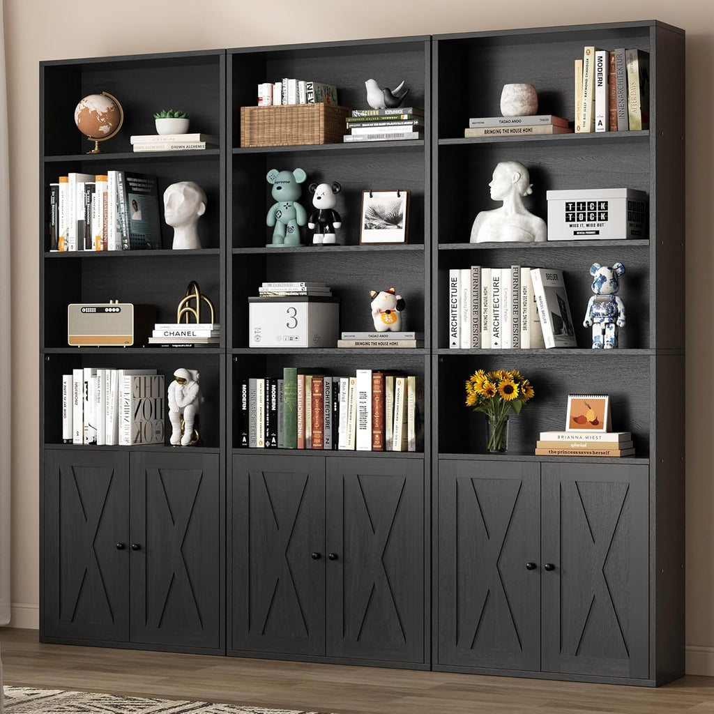Modern Bookshelf with Doors, Industrial Bookshelves with 6-Tier Shelf, 71 inches Tall Bookcase Display Cabinet with Storage for Home Office, Black