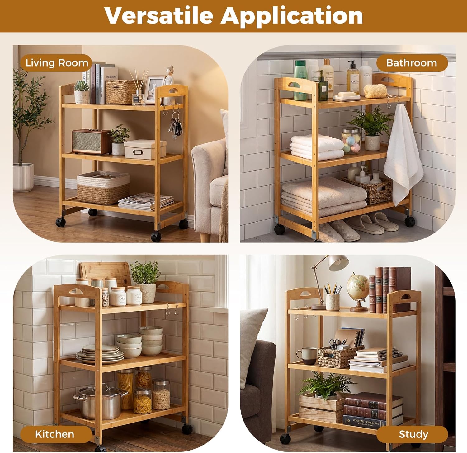 Giantex 3-Tier Rolling Storage Cart, Bamboo Utility Cart w/ 3 Side Hooks & Adjustable Shelves, Multifunctional Kitchen Cart on 2 Lockable Wheels for Living Dining Room, Laundry, Bathroom, Office Art