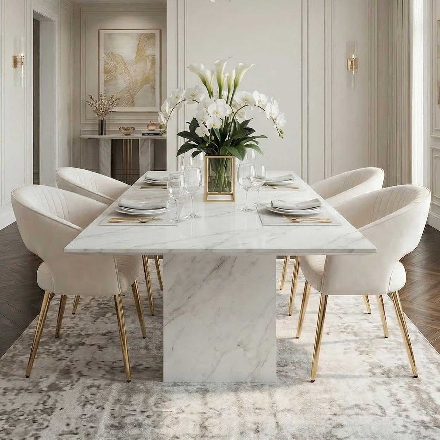 Hyfirm Set of 4 Cream Leather Dining Chairs, Modern Upholstered Kitchen Chairs Gold Metal Legs, Hollow Back, Accent Side Chair for Dining Room/Livingroom/Reception/Restaurant
