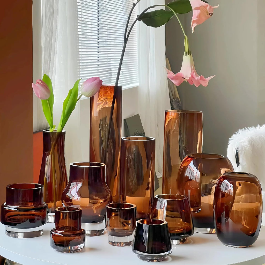 13" H Amber Flower Vase,4.85lb Large Glass Vases for Home Decoration, Noble Gray Vase for Flower Luxury Decor