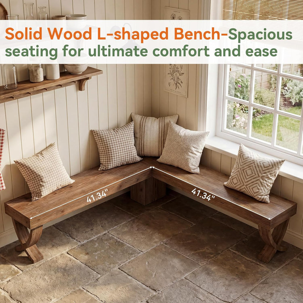 L Shaped Solid Wood Corner Bench, 55-Inch Farmhouse Table Bench with X-Shaped Leg, Backless Entryway Shoe Bench, for Dining Room, Hallway, Rustic Brown