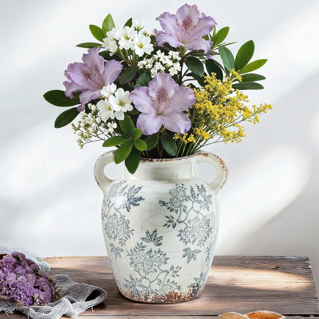 Enra 7.8" Blue and White Ceramic Vase with Double Handles – Handcrafted Chinoiserie Floral Vase, Decorative Vase for Living Room Centerpiece, Bookshelf & Office