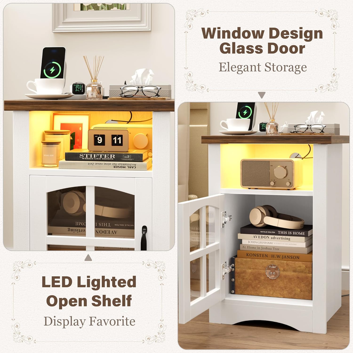 YESHOMY Farmhouse End Table with Charging Station, Night Stand with LED Light,Open Storage Shelf and Glass Door, Sofa Side Table for Living Room/Bedroom(White)