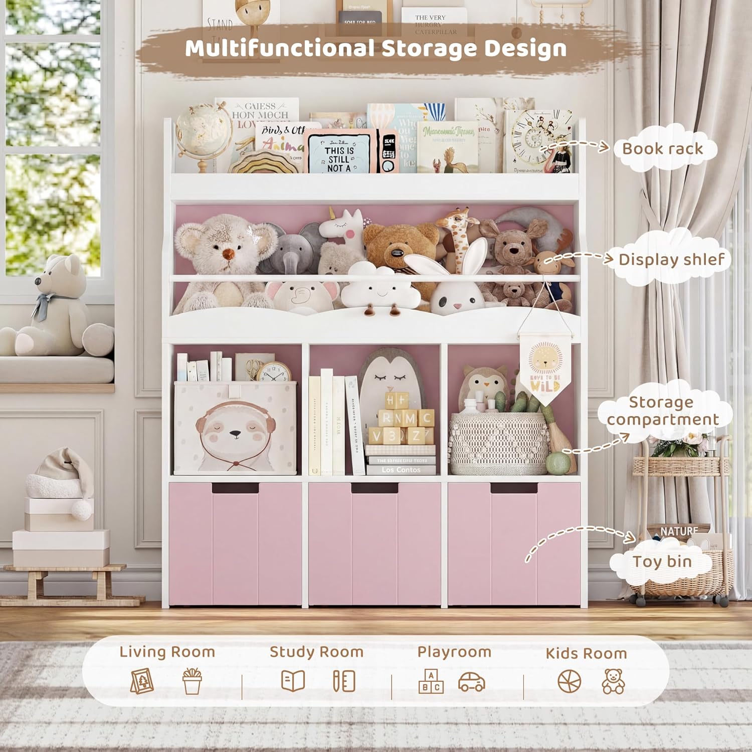 HITHOS Kids Toy Storage Organizer with Bookshelf, Multifunctional Book Shelf with 3 Movable Toy Organizers for Kids Room, Kids Bookcase and Toy Box, Toy Storage Chest for Playroom, Pink