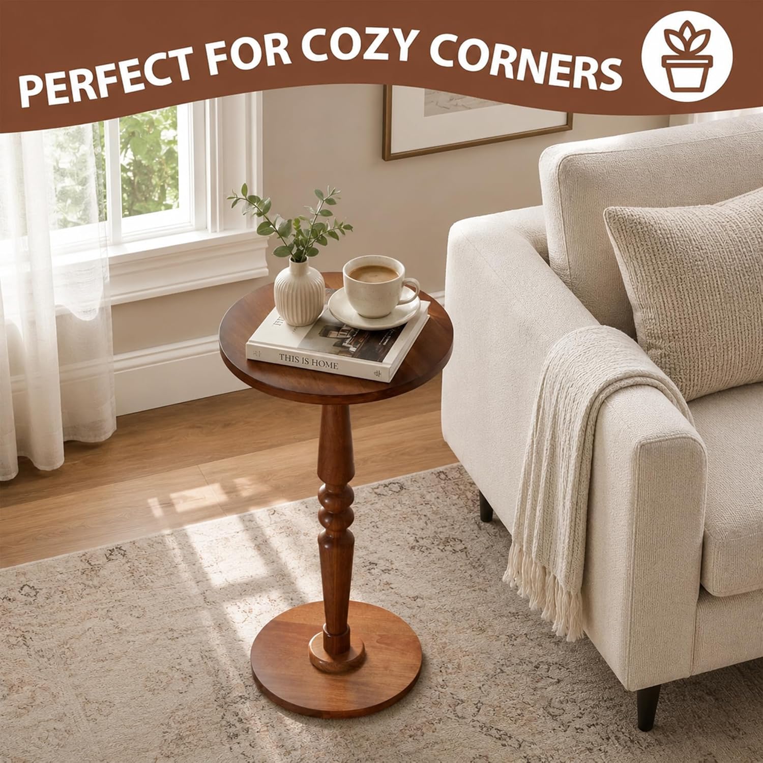 Small Wooden Round Side Table - Accent Nightstand Pedestal Table for Living Room, Bedroom - Compact Coffee Table, Tea Table, Drink Table, End Table for Small Spaces, Corners, Office
