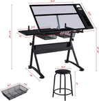 Yaheetech Drafting Table w/Stool Height Adjustable Multifunctional Art Craft Artists Desk Tilting Glass Tabletop Diamond Paintings Work Station w/2 Storage Drawers for Home Office