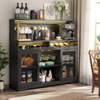 Loomie Wine Bar Cabinet with LED Light, Liquor Cabinet with Glass Holder, Coffee Bar for Liquor, Storage Buffet with Wine Racks, Wine Cabinet with Mesh Door (Black)