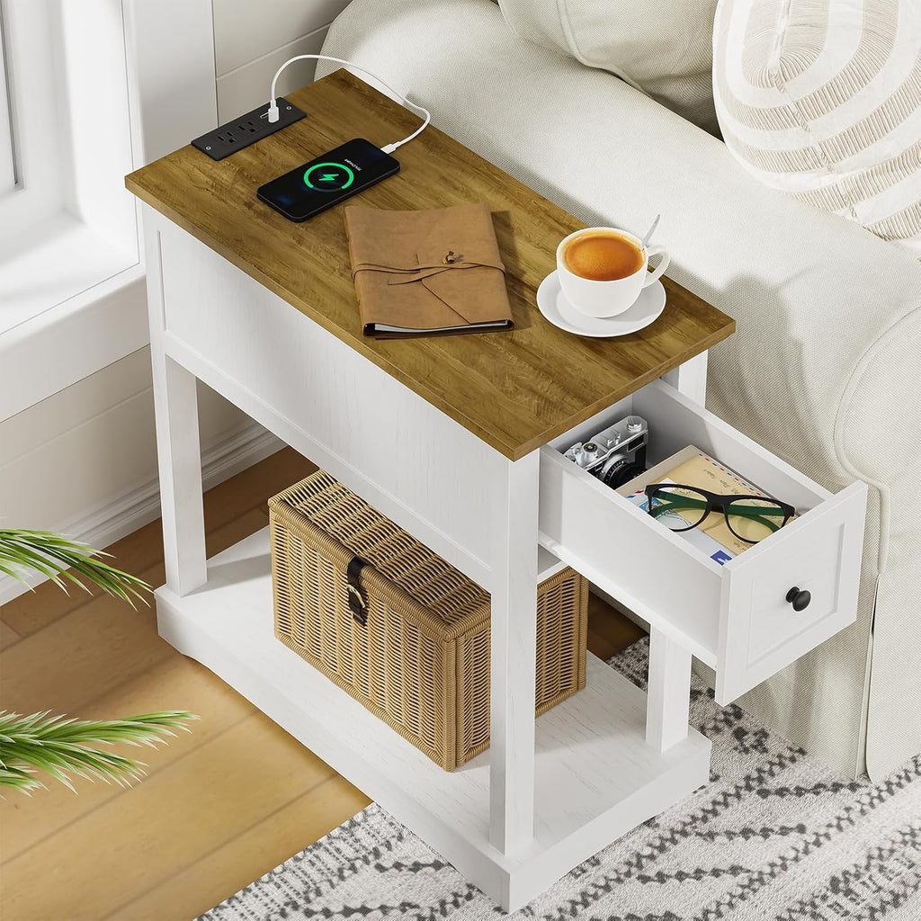 Side Table Set of 2, Side Table with Storage, Farmhouse End Table, Thicken Base, Nightstand with Charging Station, for Living Room, Bedroom, Rustic Brown and White