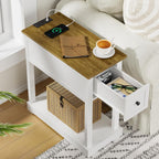 Farmhouse End Table with Storage Drawer, Narrow Side Table with Charging Station, Nightstand, Thicken Base, for Living Room, Bedroom, Rustic Brown and White