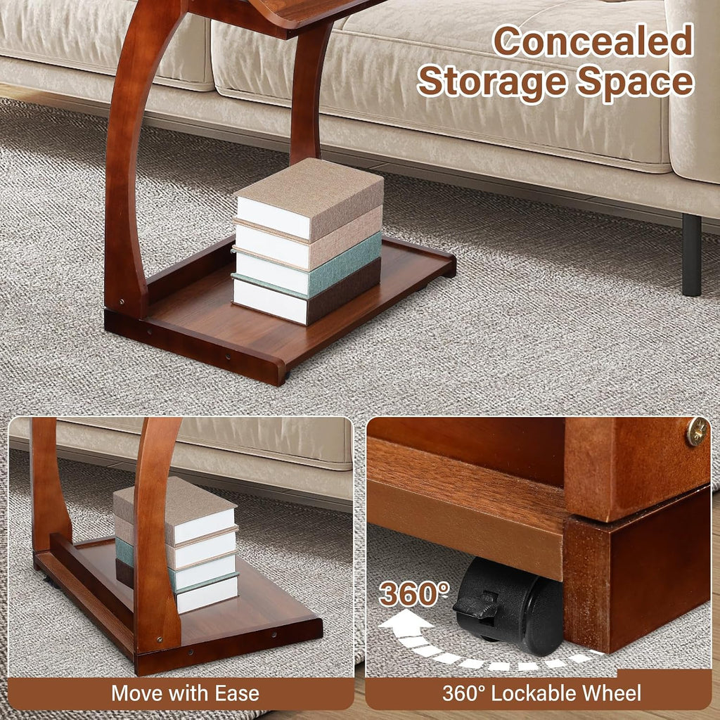 Redriver 24" C Shaped Side Table, Wooden C-Shaped End Table with 3 Adjustable Desktop & 2 Lockable Wheels, Small Couch Rolling Side Table for Living Room, Bedroom