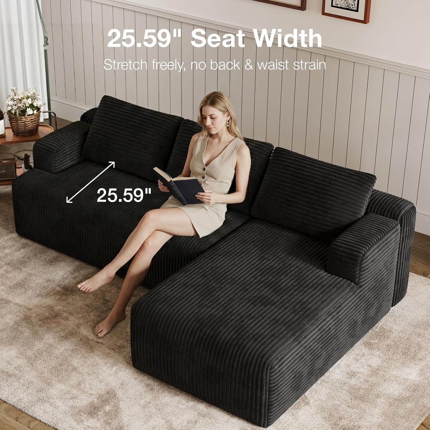 Novilla L-Shape Sectional Couches for Living Room with Smarts Coil® Support, 3 Seater Sectional Sofas for Living Room Bedroom, Corduroy Cloud Couch Sectional, No Assembly(Black, Right Hand Facing)