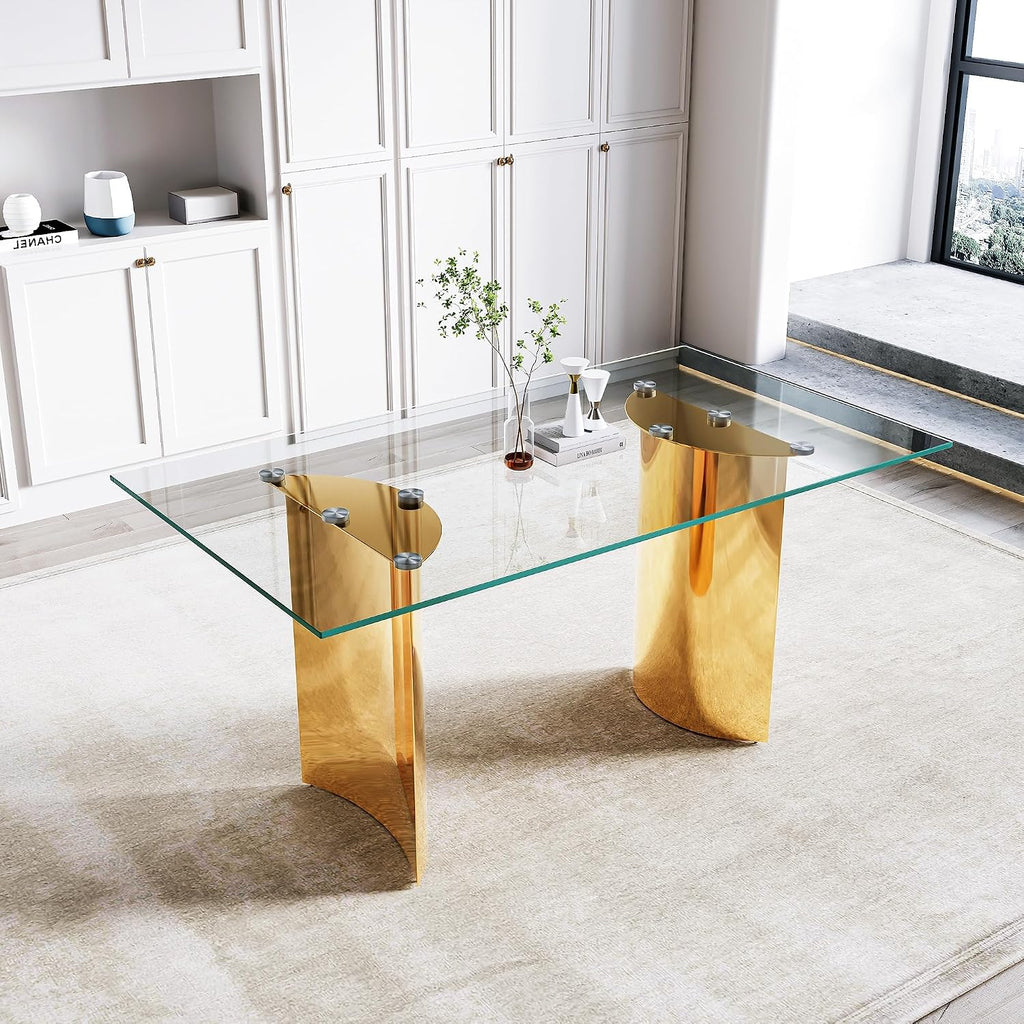 63 inch Glass Dining Table for 6,0.39 in Thick Glass Top with Gold Stainless Steel Pedestal Dining Room Table