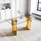 63 inch Glass Dining Table for 6,0.39 in Thick Glass Top with Gold Stainless Steel Pedestal Dining Room Table