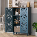 Jiansu furni Buffet Sideboard Cabinet with Hand-Carved Doors,Tall Storage Cabinet for Dining Room, Vintage Wood Accent Cabinet with Shelves, Slim Floor Cupboard for Kitchen & Entryway(Blue & Walnut)
